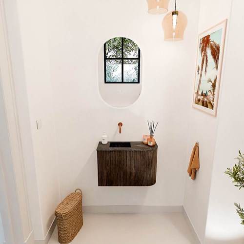 JOYA-DLUX 61,6cm meuble lave-main courbe droite couleur Walnut. Lavabo FAYE position Gauche sans trou pour robinet couleur Lava.-2
