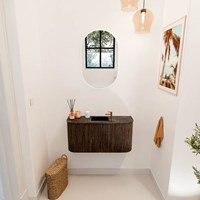 JOYA-DLUX 83,2cm toiletmeubel ronding links + rechts kleur Walnut. Wastafel FAYE positie Midden 1 kraangat kleur Lava.-2