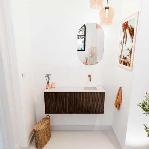 JOYA-DLUX 100cm mobile lavabo colore Walnut. Lavabo FAYE posizione Destra senza foro per il rubinetto colore Meli.-2