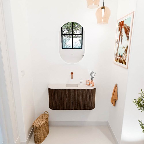 JOYA-DLUX 83,2cm meuble lave-main courbe gauche + droite couleur Walnut. Lavabo FAYE position Centrée sans trou pour robinet couleur Meli.-2
