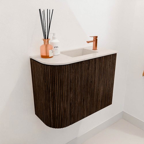 JOYA-DLUX 51,6cm mueble fondo reducido curva izquierda color Walnut. Lavabo FAYE posición Derecho 1 orificio color Meli.-3