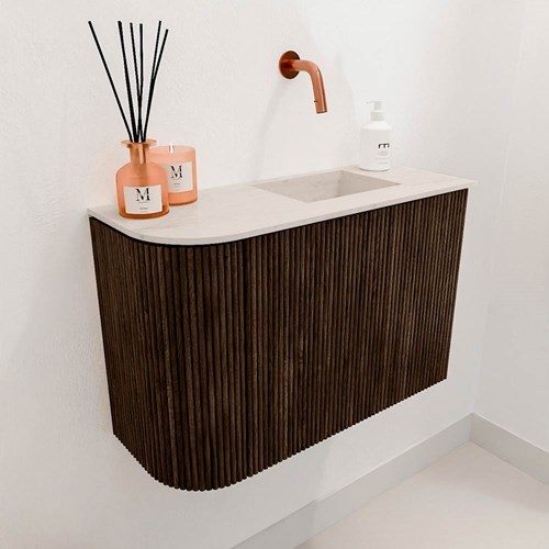 JOYA-DLUX 61,6cm meuble lave-main courbe gauche couleur Walnut. Lavabo FAYE position Droite sans trou pour robinet couleur Meli.-3