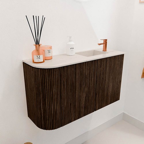 JOYA-DLUX 71,6cm mobile lavabo colore curva sinistra Walnut. Lavabo FAYE posizione Destra 1 foro per rubinetto colore Meli.-3