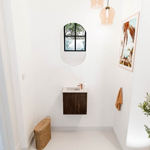 JOYA-DLUX 40cm mueble fondo reducido color Walnut. Lavabo FAYE posición Izquierda 1 orificio color Nata.-2