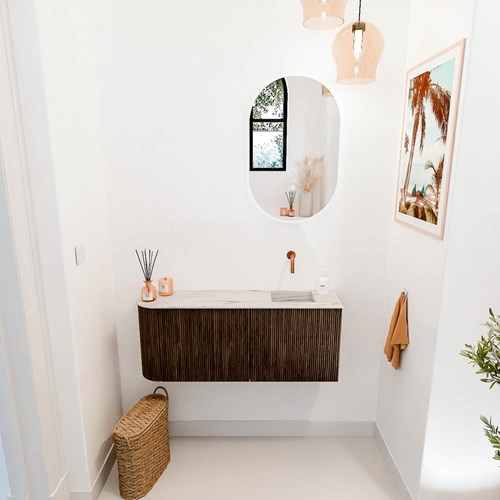 JOYA-DLUX 101,6cm mobile lavabo colore curva sinistra Walnut. Lavabo FAYE posizione Destra senza foro per il rubinetto colore Nata.-2