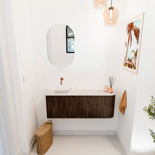 JOYA-DLUX 111,6cm mobile lavabo colore curva destra Walnut. Lavabo FAYE posizione Sinistra senza foro per il rubinetto colore Nata.-2