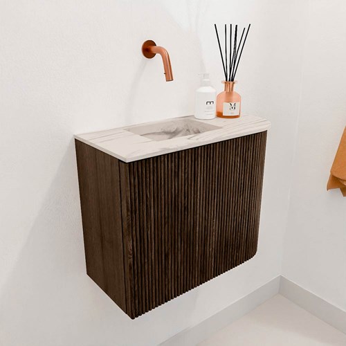 JOYA-DLUX 51,6cm toiletmeubel ronding rechts kleur Walnut. Wastafel FAYE positie Links Zonder kraangat kleur Nata.-3