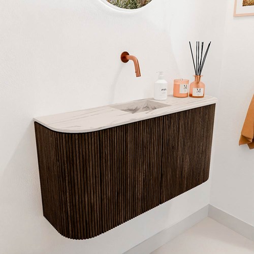 JOYA-DLUX 83,2cm cloakroom vanity set curve left + right color Walnut. Vanity top FAYE position Center without tab hole color Nata.-3