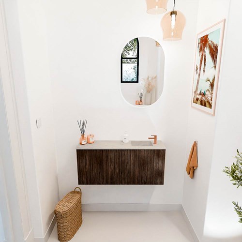 JOYA-DLUX 90cm mueble fondo reducido color Walnut. Lavabo FAYE posición Derecho 1 orificio color Opalo.-2