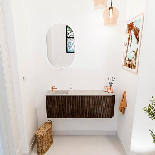 JOYA-DLUX 111,6cm mobile lavabo colore curva destra Walnut. Lavabo FAYE posizione Sinistra 1 foro per rubinetto colore Opalo.-2