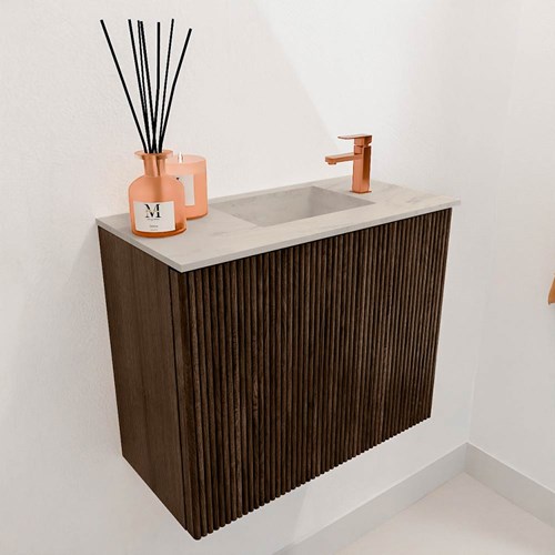JOYA-DLUX 50cm toiletmeubel kleur Walnut. Wastafel FAYE positie Rechts 1 kraangat kleur Opalo.-3