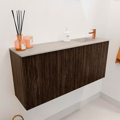 JOYA-DLUX 90cm mueble fondo reducido color Walnut. Lavabo FAYE posición Derecho 1 orificio color Opalo.-3