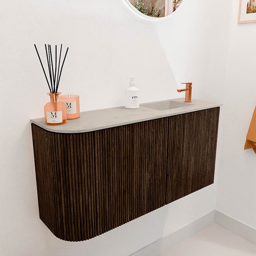 JOYA-DLUX 81,6cm mueble fondo reducido curva izquierda color Walnut. Lavabo FAYE posición Derecho 1 orificio color Opalo.-3