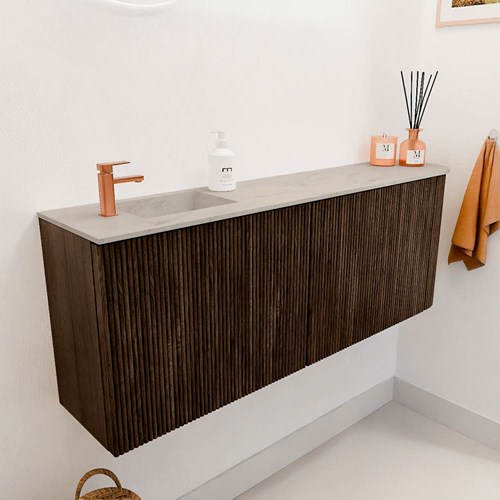 JOYA-DLUX 111,6cm mobile lavabo colore curva destra Walnut. Lavabo FAYE posizione Sinistra 1 foro per rubinetto colore Opalo.-3