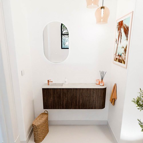 JOYA-DLUX 111,6cm meuble lave-main courbe droite couleur Walnut. Lavabo FAYE position Gauche 1 trou pour robinetter couleur Ostra.-2