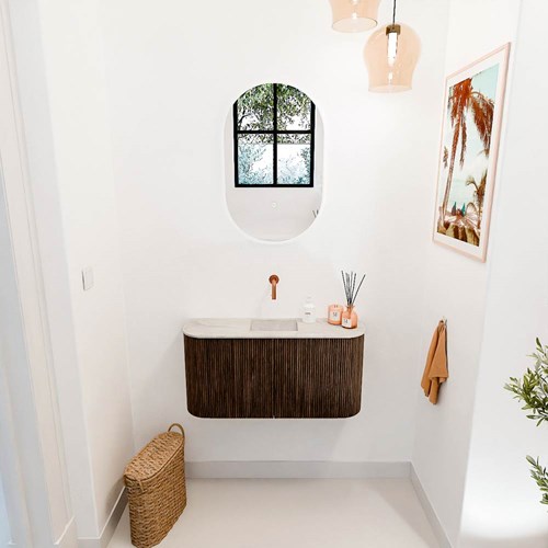 JOYA-DLUX 83,2cm toiletmeubel ronding links + rechts kleur Walnut. Wastafel FAYE positie Midden Zonder kraangat kleur Ostra.-2