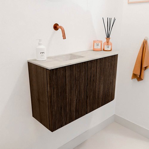 JOYA-DLUX 71,6cm meuble lave-main courbe droite couleur Walnut. Lavabo FAYE position Gauche sans trou pour robinet couleur Ostra.-3