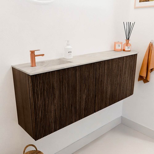 JOYA-DLUX 111,6cm meuble lave-main courbe droite couleur Walnut. Lavabo FAYE position Gauche 1 trou pour robinetter couleur Ostra.-3