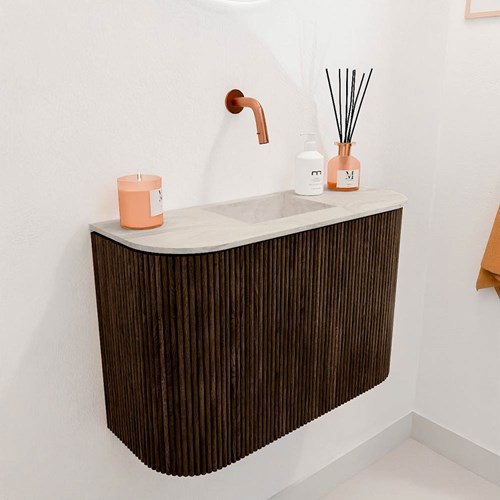 JOYA-DLUX 63,2cm cloakroom vanity set curve left + right color Walnut. Vanity top FAYE position Center without tab hole color Ostra.-3