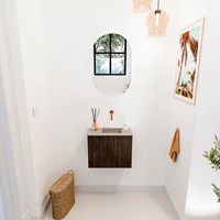 JOYA-DLUX 50cm toiletmeubel kleur Walnut. Wastafel FAYE positie Rechts Zonder kraangat kleur Saba.-2