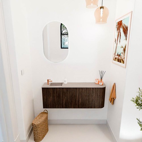 JOYA-DLUX 111,6cm cloakroom vanity set curve right color Walnut. Vanity top FAYE position Left 1 tab hole color Saba.-2