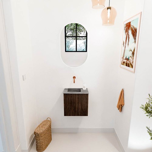 JOYA-DLUX 40cm toiletmeubel kleur Walnut. Wastafel FAYE positie Links Zonder kraangat kleur Sombra.-2
