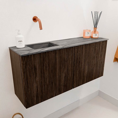JOYA-DLUX 90cm mueble fondo reducido color Walnut. Lavabo FAYE posición Izquierda sin orificio color Sombra.-3
