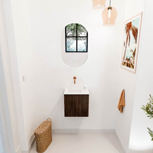 JOYA 40cm meuble lave-main couleur Walnut. Lavabo FAYE position Gauche sans trou pour robinet couleur Talc.-2