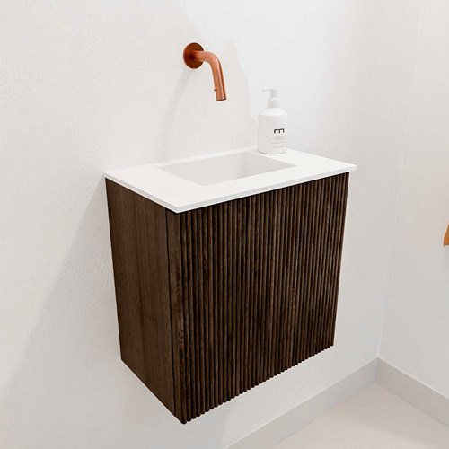 JOYA 40cm toiletmeubel kleur Walnut. Wastafel FAYE positie Midden Zonder kraangat kleur Talc.-3