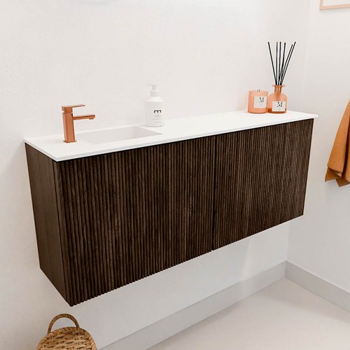 JOYA 100cm toiletmeubel kleur Walnut. Wastafel FAYE positie Links 1 kraangat kleur Talc.-3