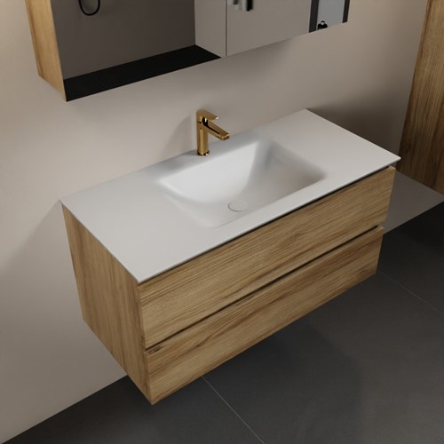 AIVY 100cm mueble de baño Chai. Lavabo Talc Solid surface Centro 1 orificio y Armario con espejo.