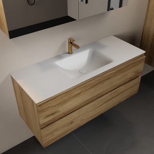 AIVY 120cm mueble de baño Chai. Lavabo Talc Solid surface Centro 1 orificio y Armario con espejo.