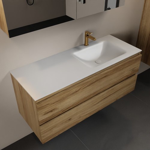 AIVY 120cm mueble de baño Chai. Lavabo Talc Solid surface Derecho 1 orificio y Armario con espejo.