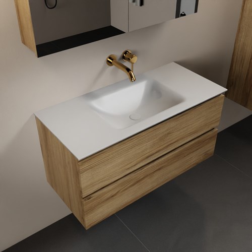 AIVY 100cm mueble de baño Chai. Lavabo Talc Solid surface Centro sin orificio y Armario con espejo.