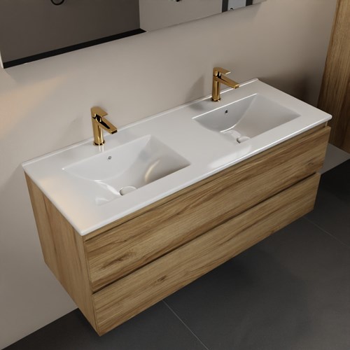AIVY 120cm mueble de baño Chai. Lavabo Blanco brillo Cerámica Doble 2 orificios.
