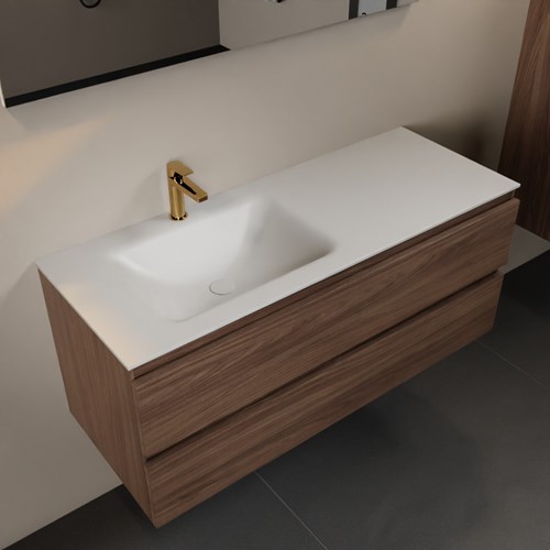 AIVY 120cm mueble de baño Mocha. Lavabo Talc Solid surface Izquierda 1 orificio.