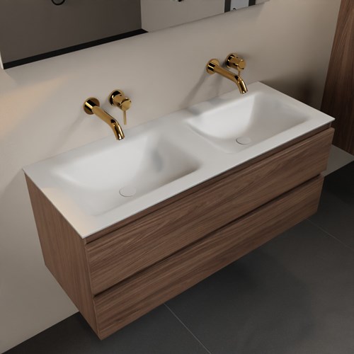 AIVY 120cm mueble de baño Mocha. Lavabo Talc solid surface Doble sin orificio con Espejo.
