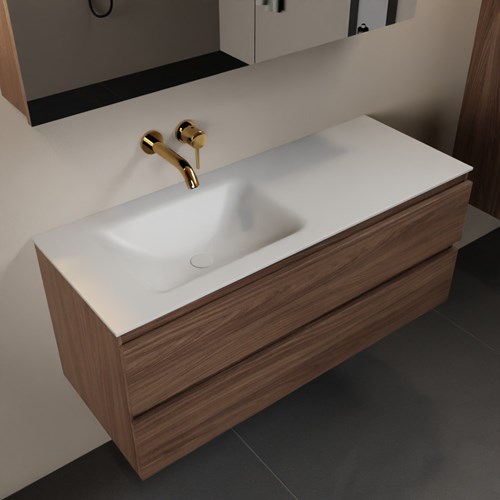 AIVY 120cm mueble de baño Mocha. Lavabo Talc Solid surface Izquierda sin orificio y Armario con espejo.