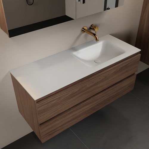 AIVY 120cm mueble de baño Mocha. Lavabo Talc Solid surface Derecho sin orificio y Armario con espejo.