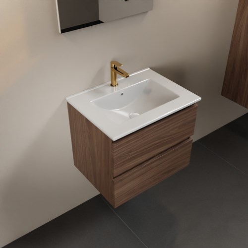 AIVY 60cm mueble de baño Mocha. Lavabo blanco brillo cerámica Centro 1 orificio con Espejo.