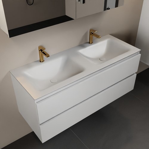 AIVY 120cm mueble de baño Talc. Lavabo Talc Solid surface Doble 2 orificios y Armario con espejo.