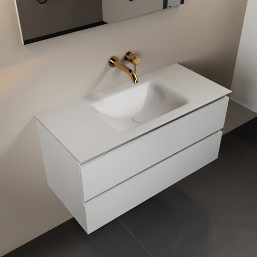 AIVY 100cm mueble de baño Talc. Lavabo Talc solid surface Centro sin orificio con Espejo.