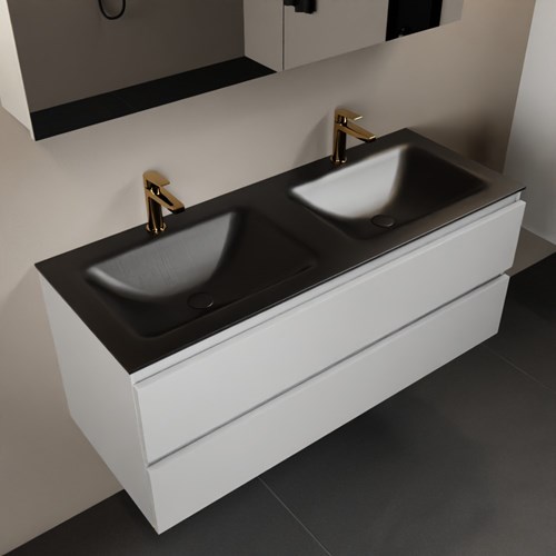 AIVY 120cm mueble de baño Talc. Lavabo Urban Solid surface Doble 2 orificios y Armario con espejo.
