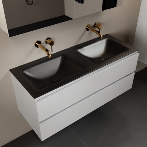 AIVY 120cm mueble de baño Talc. Lavabo Urban Solid surface Doble sin orificio y Armario con espejo.