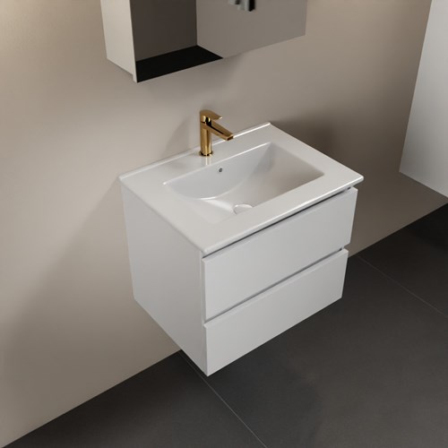 AIVY 60cm mueble de baño Talc. Lavabo blanco brillo cerámica Centro 1 orificio y Armario con espejo.