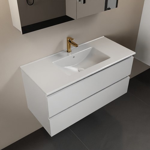AIVY 100cm mueble de baño Talc. Lavabo blanco brillo cerámica Centro 1 orificio y Armario con espejo.