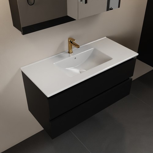 AIVY 100cm mueble de baño Urban. Lavabo blanco brillo cerámica Centro 1 orificio y Armario con espejo.