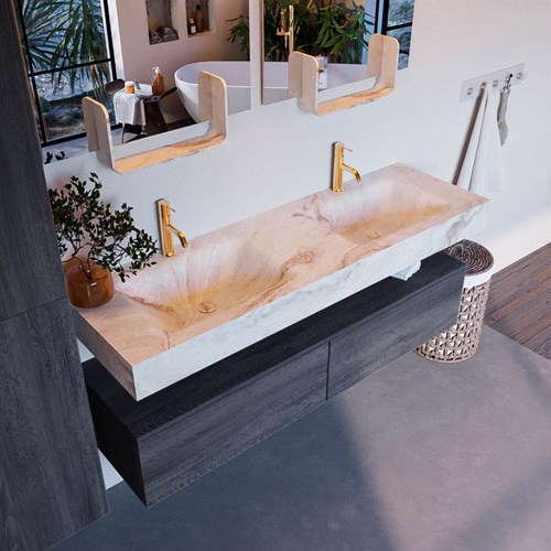ALAN-DLUX 150cm mueble de baño Antracite 2 cajones. Lavabo CLOUD Doble 2 orificios color Frappe.