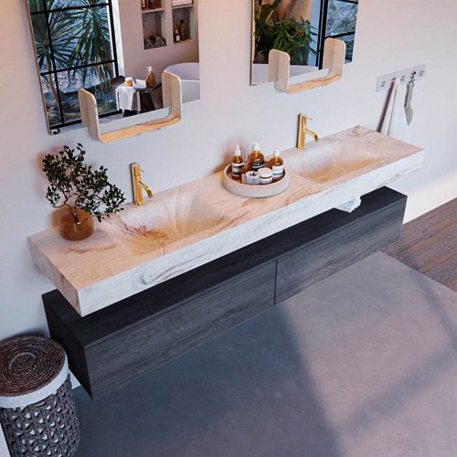 ALAN-DLUX 200cm mueble de baño Antracite 2 cajones. Lavabo CLOUD Doble 2 orificios color Frappe.