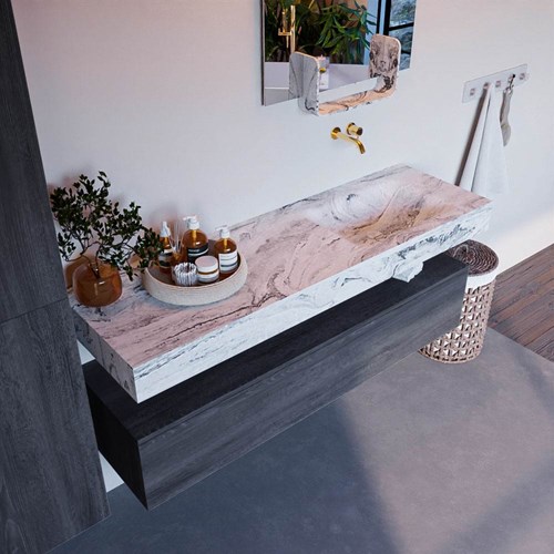 ALAN-DLUX 150cm mueble de baño Antracite 1 cajón. Lavabo CLOUD Derecho sin orificios color Glace.